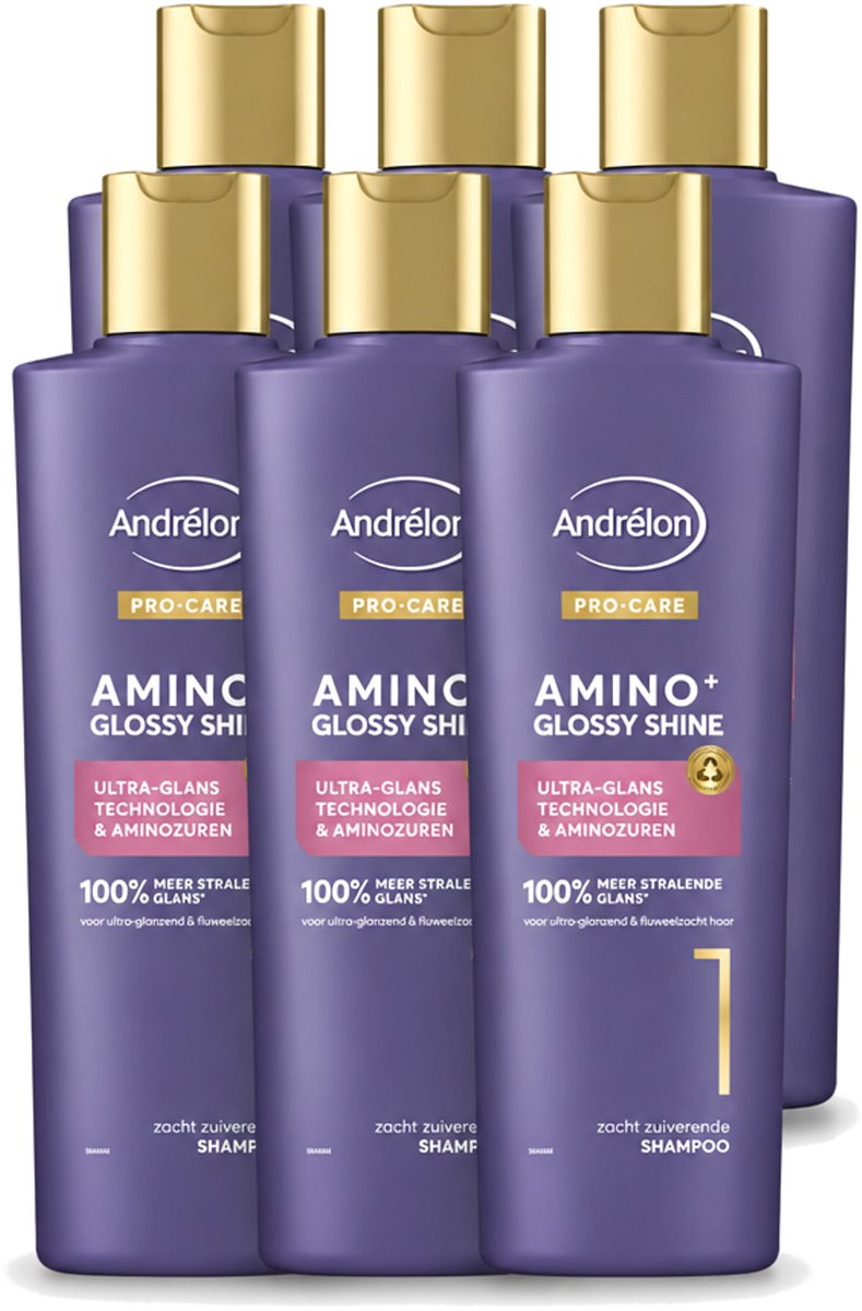 6 x Andrélon – Shampoo – Pro Care Amino+ Glossy Shine – 250 ml - Voordeelverpakking - 6 stuks