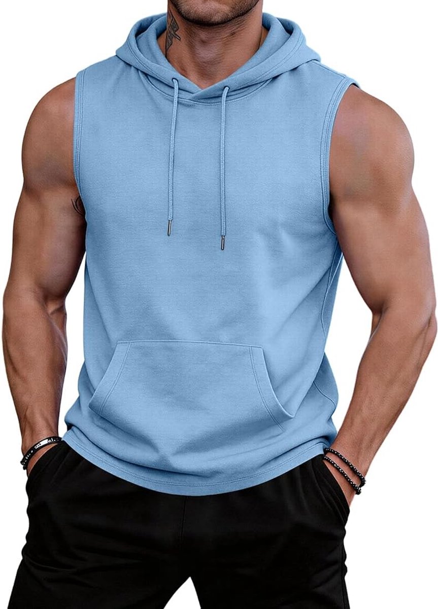 Tanktop voor heren, met capuchon, mouwloos, tanktop met kangoeroezak, tanktop voor heren, sport, fitness, krachttraining, sportschool, vakantie