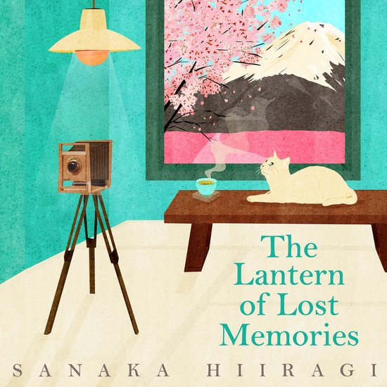 Een houten camera op statief met een schilderij van Japanse kersenbloesems en Mt. Fuji. Een kat ligt op een tafel naast een kopje thee. Titel: The Lantern of Lost Memories.