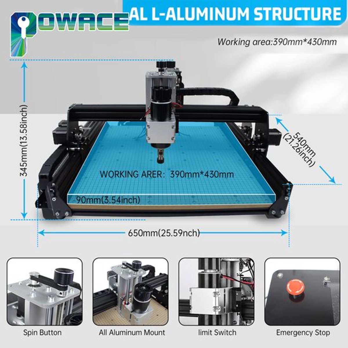 CNC Router Touch Controller - 20W Laser - 500W Spindle - 430x390x90 mm Graveeroppervlak - Metaal En Hout Graveermachine