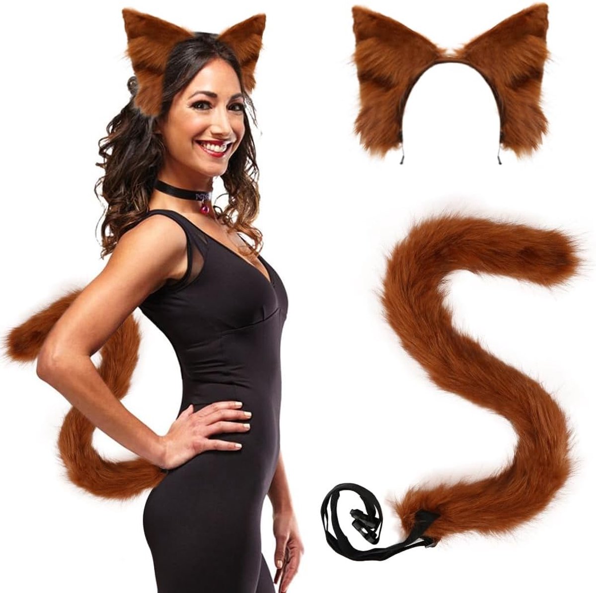 2 stuks kattenkostuum, kattenstaart en hoofdband, kattenoren, vossenoren, 75 cm, pluche, voor dames en meisjes, carnaval, Halloween, party, kattenkostuum