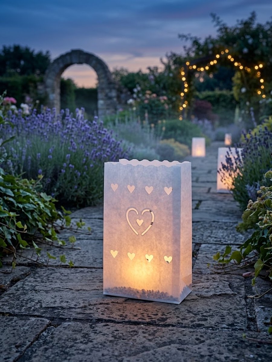 10x Candlebags - Kaarsenzakjes van Vlamvertragend Papier - Hartjes Motief - Sfeervolle Lantaarnzakken (15 x 26 x 9 cm)