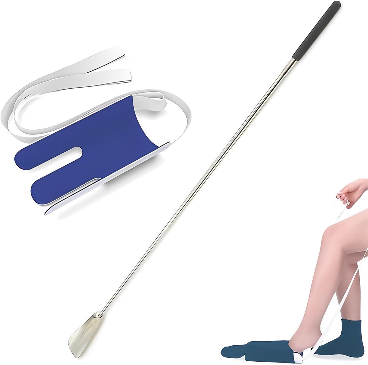 metaal, lang, 2-delige set, sokkenaantrekhulp voor senioren, schoenlepel lang, 1 sokkenaantrekhulp + 1 schoenlepel lang, sokkentrekker voor mannen en vrouwen, beperkte mobiliteit