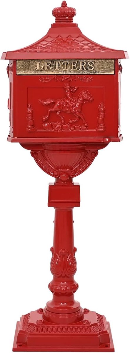 Staande brievenbus rood gegoten aluminium vintage design nostalgische brievenbus voor tuin terras 42,5 x 29,5 x 117 cm