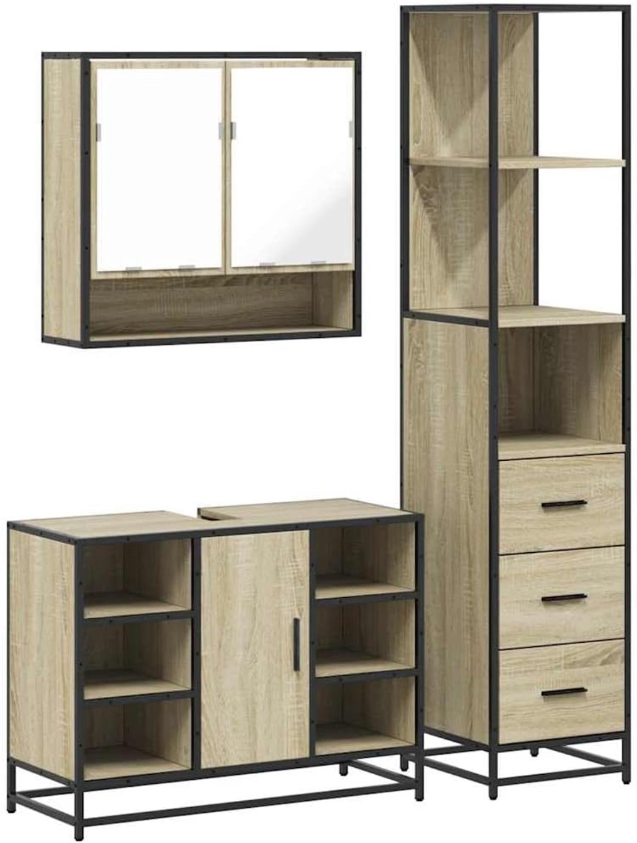 3-TLG. Badmeubel Set Onderkast Badkamerkast Badmeubelen Sonoma-eiken Houtmateriaal 8