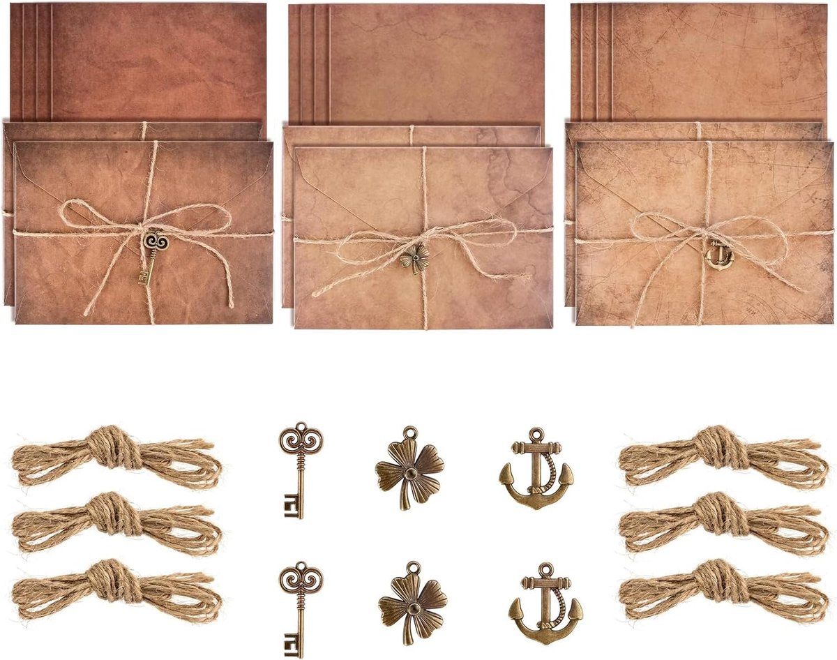 Dailygoods- Briefpapier Vintage Set - 12 Vellen Briefpapier - 6 Enveloppen - Retro Design - Henneptouwen - Metalen Accessoires - Kraftpapier - Wenskaa