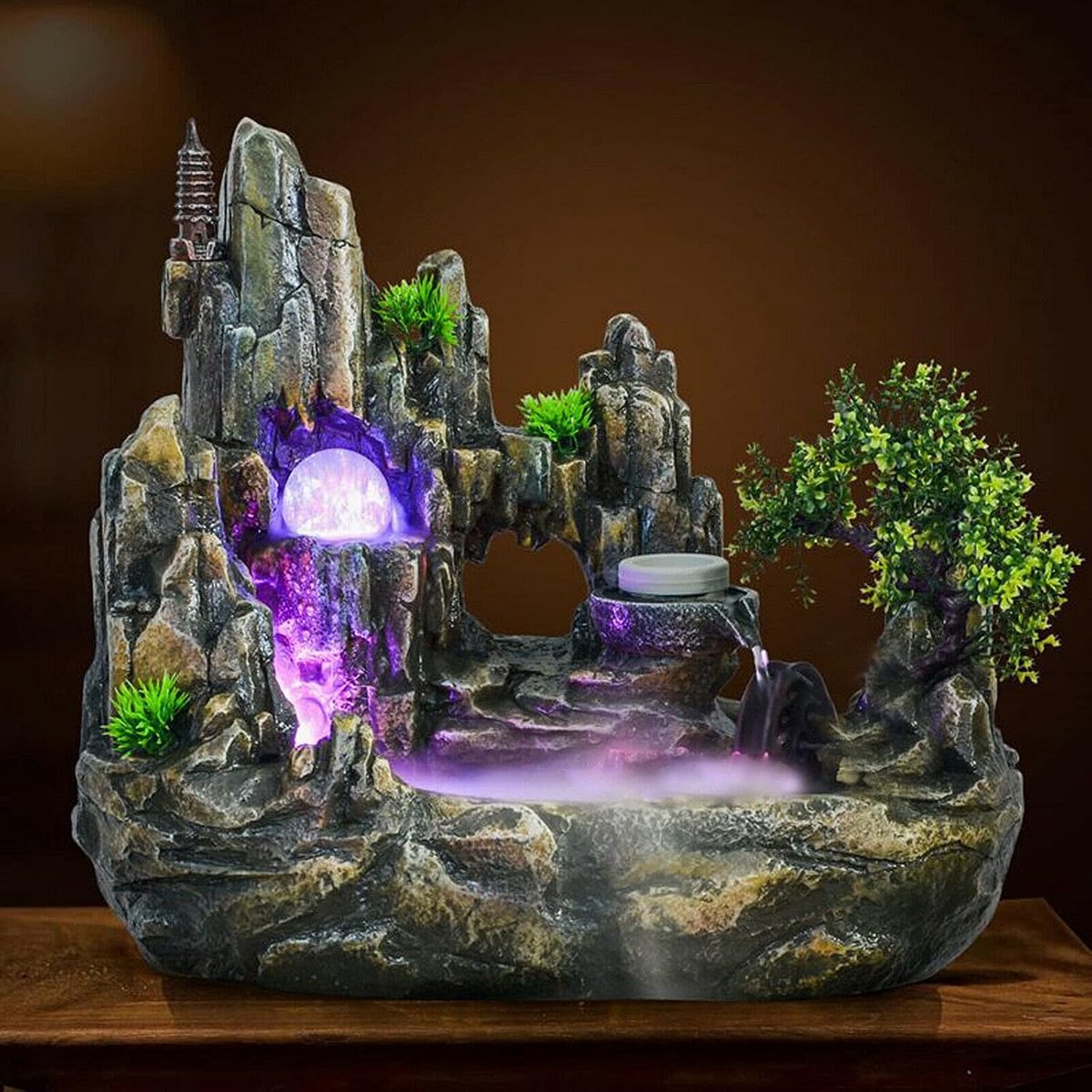 Waterval, led-desktop hars kamerfontein met RGB-kleurverandering verlichting verstuiver tafelfontein decoratie voor woonkamer slaapkamer
