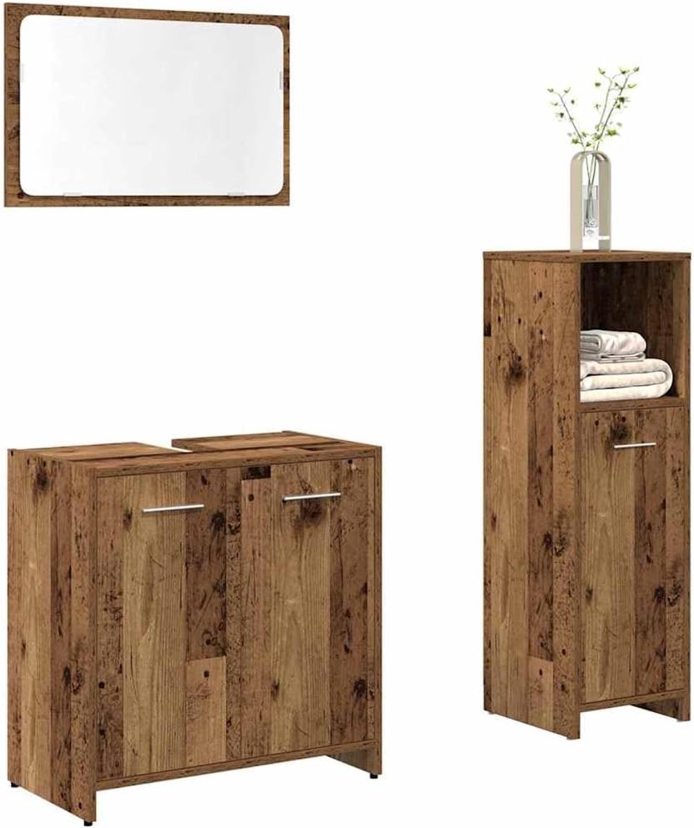 3-delige badkamermeubelset oud houtlook houtmateriaal met wastafelonderkast