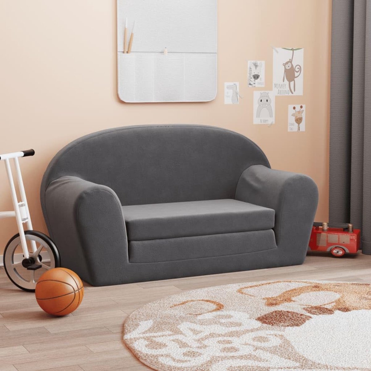 Slaapbank voor kinderen, 2-zits, antraciet, kinderfauteuil, kinderbank, kinderbank, kinderbank, kinderbank, kinderbank, kinderbank voor kinderen, van zacht pluche