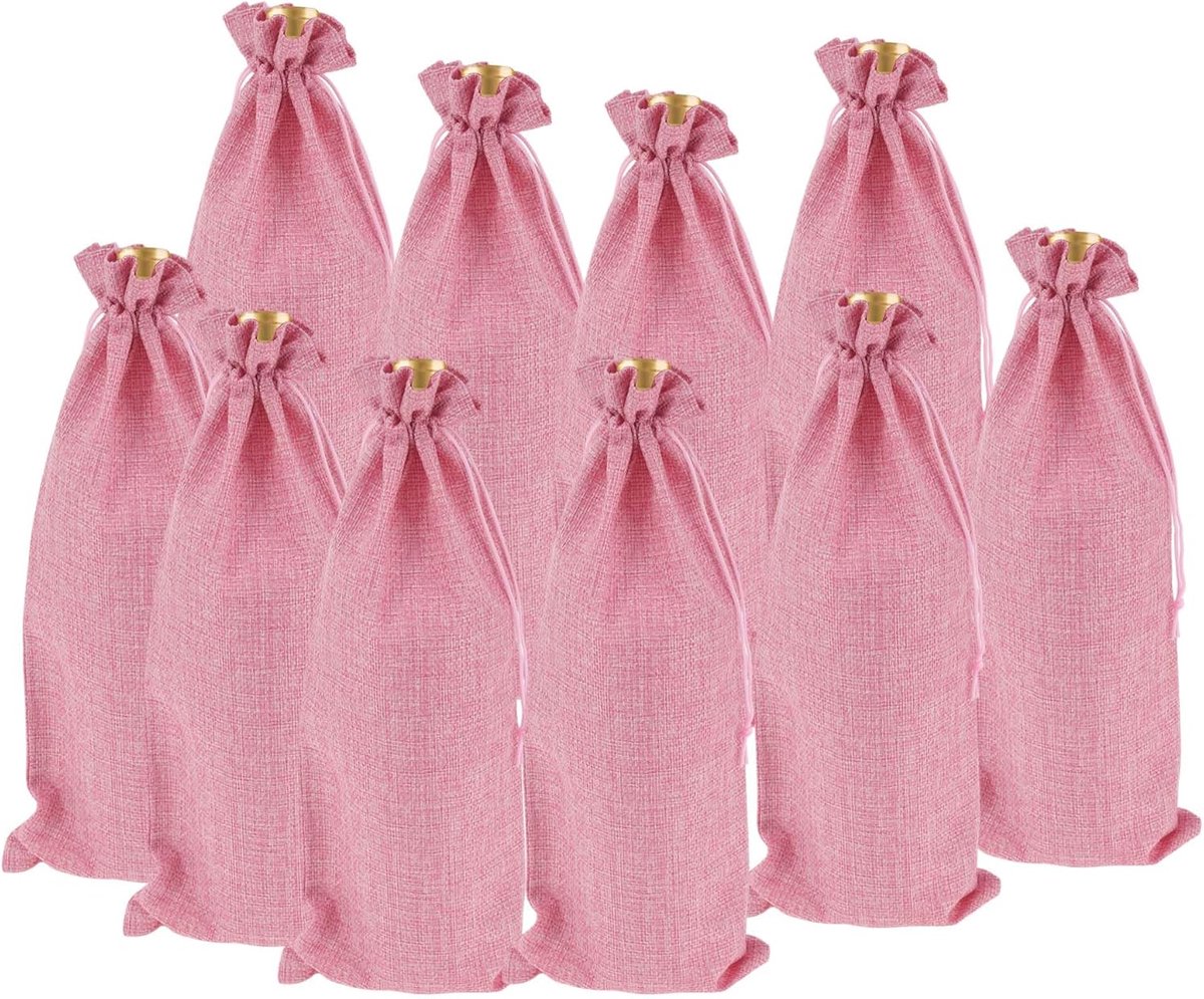 Wijnzakken, 10 stuks, wijnflessen, cadeauzakjes met trekkoord, flessenzak, herbruikbare cadeauzakjes voor bruiloften, feesten, Kerstmis, roze