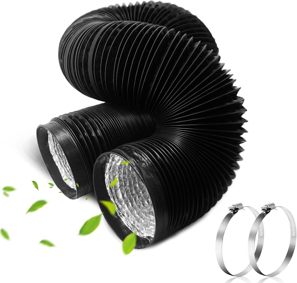 Aluminium buis, 100 mm, lengte 5 m, pvc-buis, ventilatieslang, slang met 2 slangklemmen, roestvrij staal, voor airconditioning, buisventilator, wasdroger