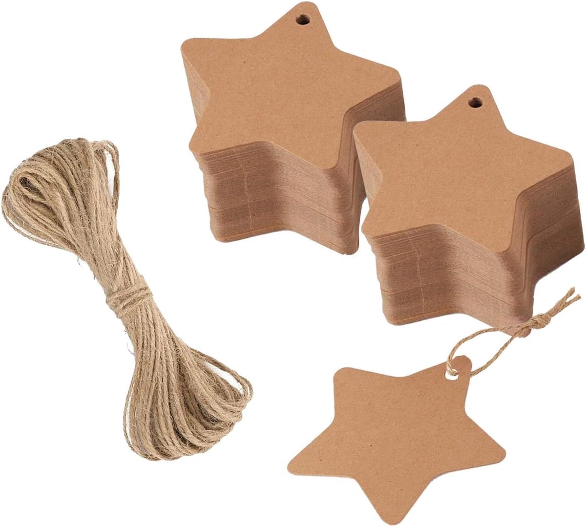 Dailygoods- Cadeaulabels 200 stuks - Kraftpapier - Jute koord 50 m - Stervormig - Bruin/wit - 5x5 cm - Cadeauhangers