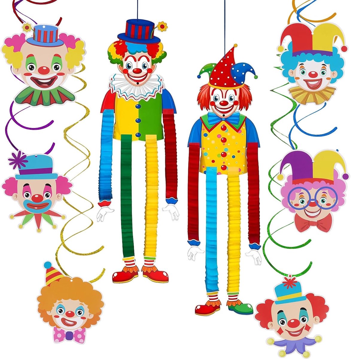 Dailygoods- Clowndecoratie met intrekbare handen en voeten - Carnavalversiering - Circusdecoratie - Spiraalslingers - 6 stuks - Geschikt voor binnen/b