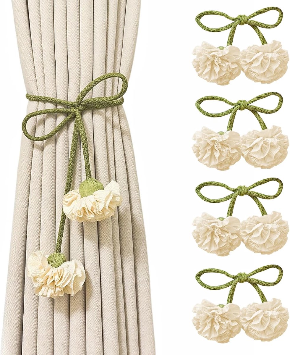 Dailygoods- Gordijnhouders - 4 Stuks - Katoen - Decoratieve Bloemmotiehouders - Boheemse Gordijnhouders - Totale Lengte 110 cm - Eenvoudig Design - Go