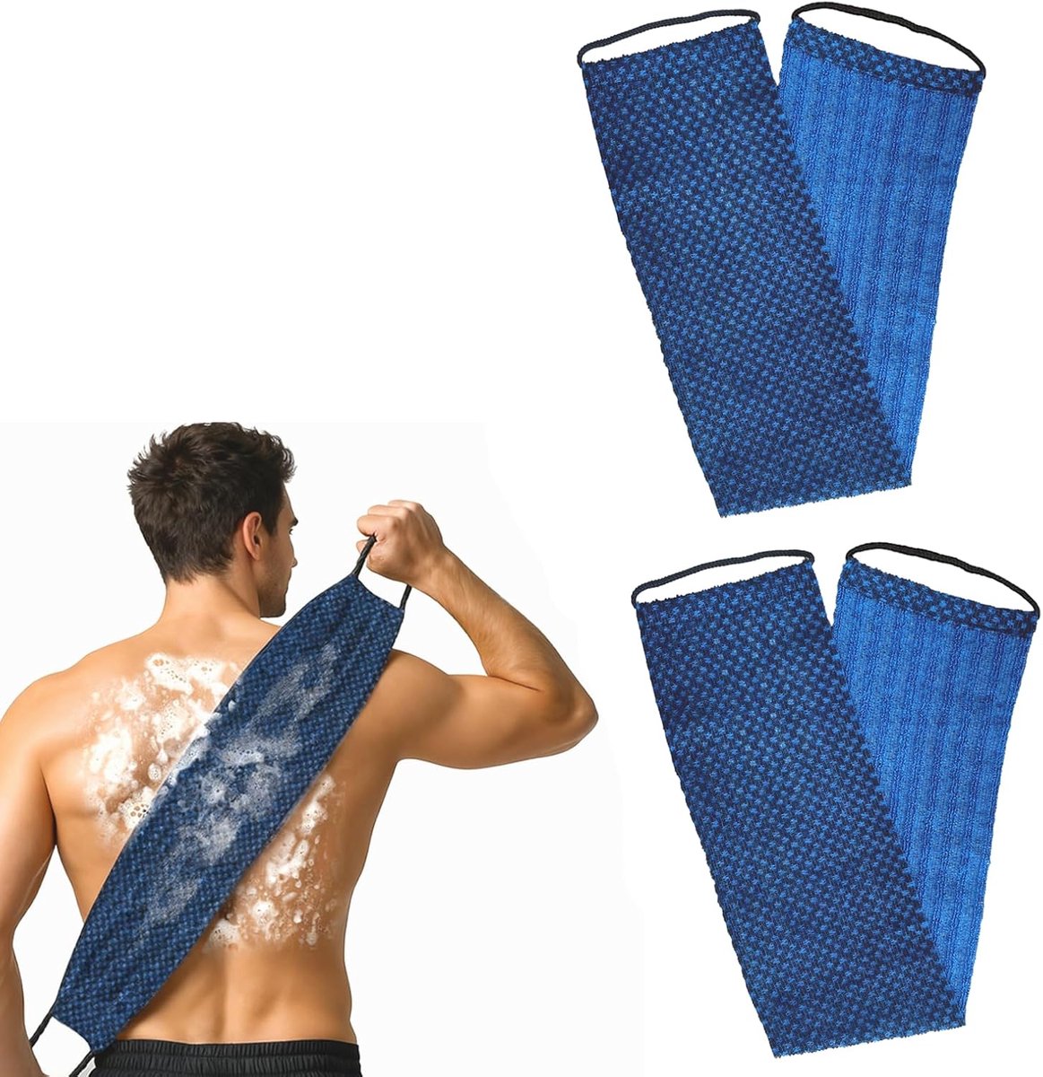 Set van 2 exfoliërende washandjes Japanse stijl rugscrubber voor douche, dagelijkse spa-ontspanning, lange washandje voor dames en heren, schuimrubberen bodyscrubber met handgrepen, blauw. (2