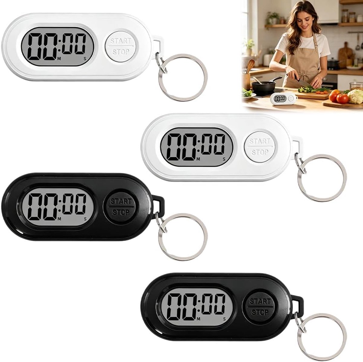 4 sleutelhangers met stop-timer, 64 x 27 x 14 mm, draagbaar, keychains stopwatch, digitale timer voor koken, studeren en training, wit + zwart