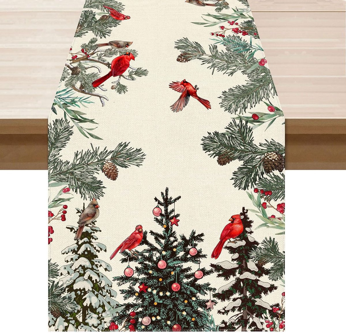 Tafelloper Kerstmis met kardinalen in de winter, dennenboom, tafeldecoratie voor thuis, keuken, eetkamer, vakantiedecoratie, 33 x 183 cm