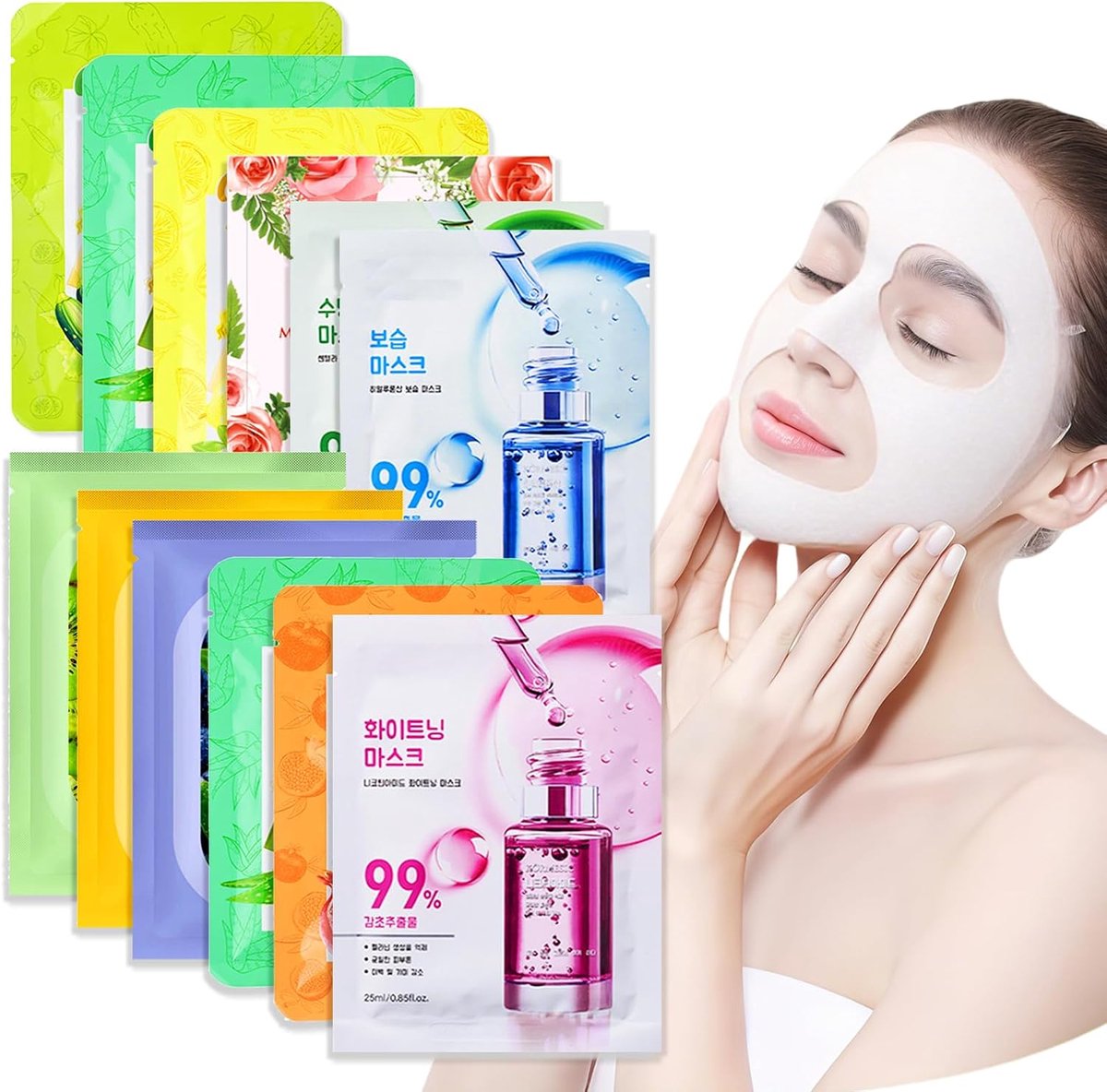 Maskers voor gezicht, dagelijkse verzorging, gezichtsmaskers en gezichtskuren voor vrouwen, gezichtsmasker, doekmasker, hydraterend en kalmeert gezichtsmasker, voor elk huidtype