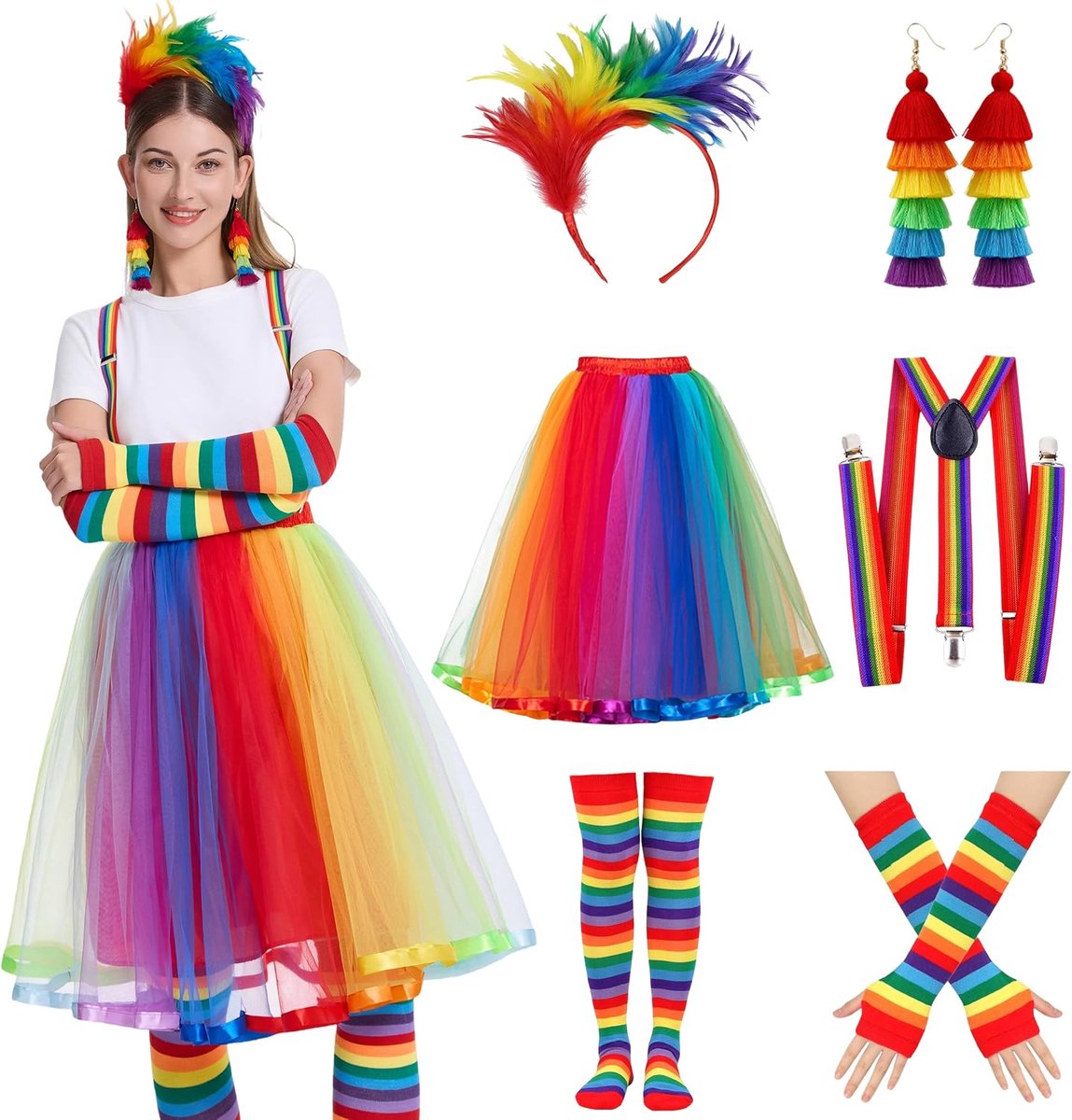 Regenboogkostuum voor dames, kleurrijke tule rok, regenboogrok, carnavalskostuum, jaren 80-kostuumaccessoires met retro neon tutu haarband, oorring, jaren 80-outfit voor dames, voor carnaval, vintage