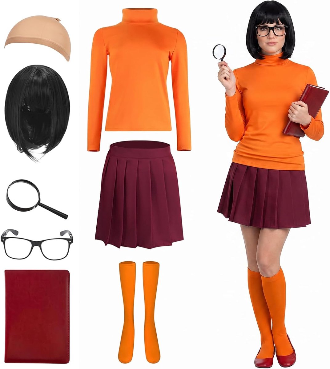 Cosplay-outfit, 8-delige set, rolkraag, skaterrok, sokken en pruik voor volwassenen, geschikt voor carnaval, Halloween en outdoor-feesten
