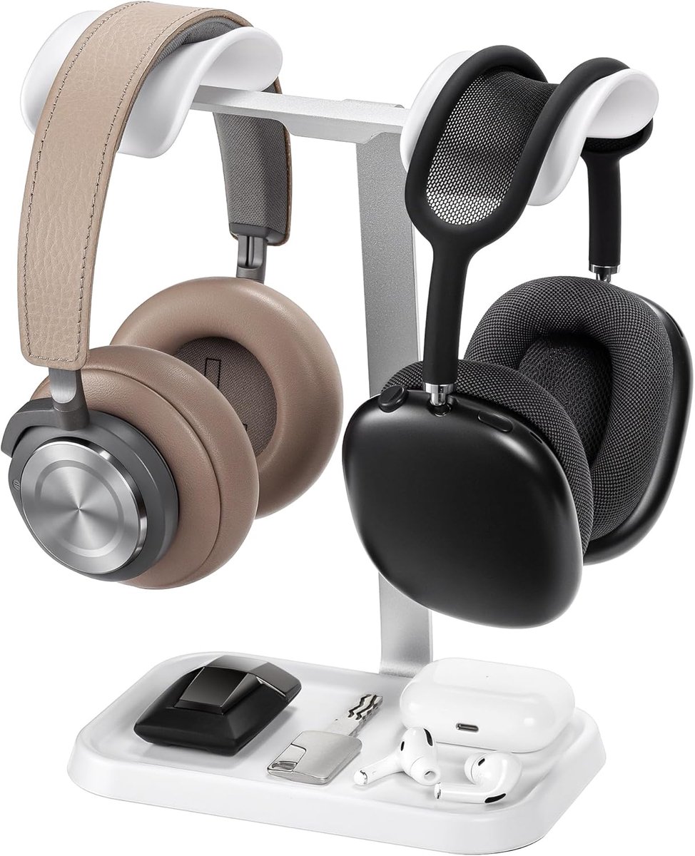 koptelefoonstandaard, dubbele uitgebalanceerde headsetstandaard met opberglade, zware basis gaming-headsethouder voor bureau (wit)
