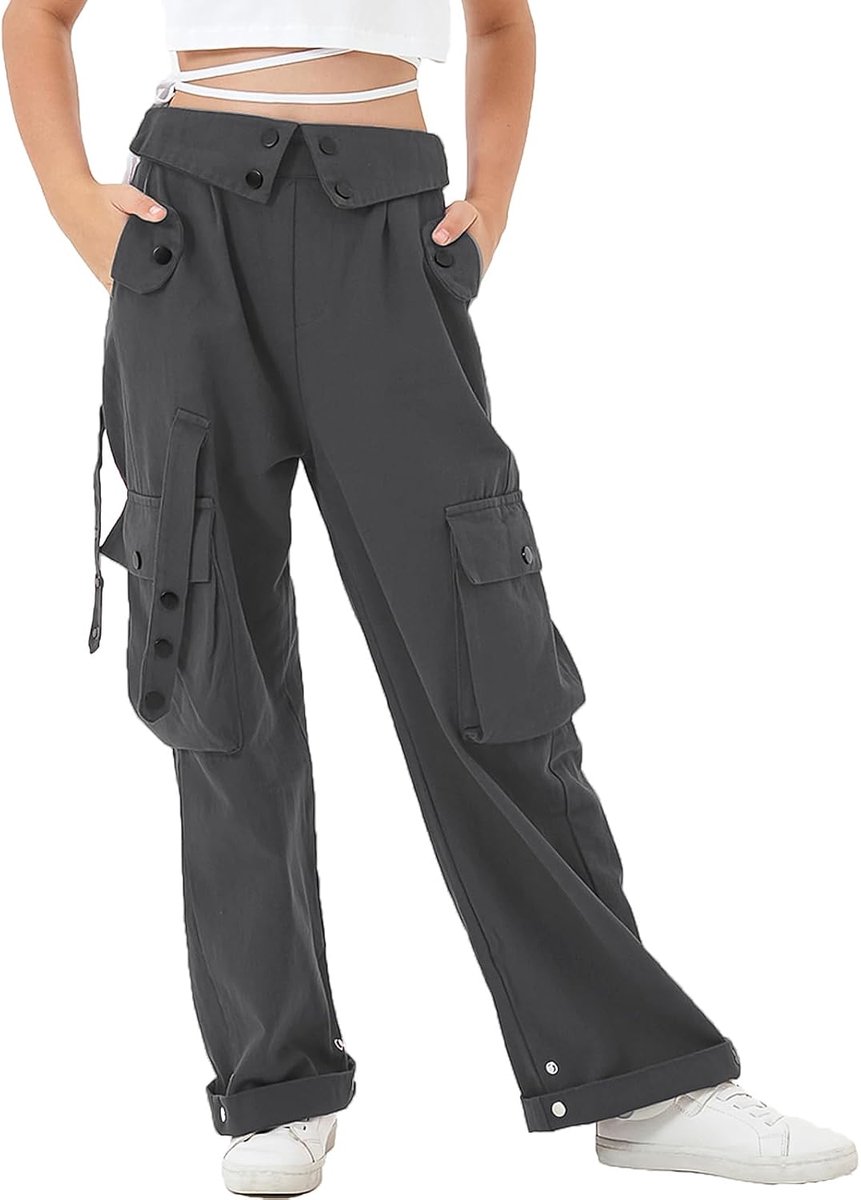 Baggy cargobroek voor meisjes, elastische taille met meerdere zakken, wijde pijpen, cargobroek voor kinderen