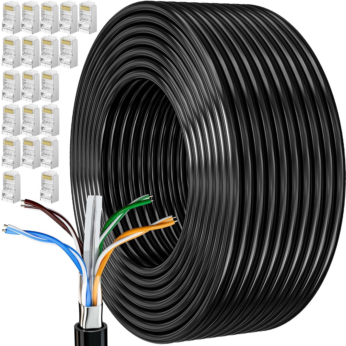 Kabel 100 Meter Cat 6 Afgeschermd Buiten Bulk Ethernetkabel Extra Lange Netwerkkabel Installeren Waterdicht Weerbestendig Hoge Snelheid FTP 23awg Gigabit Netwerklijn Internetdraadkabel