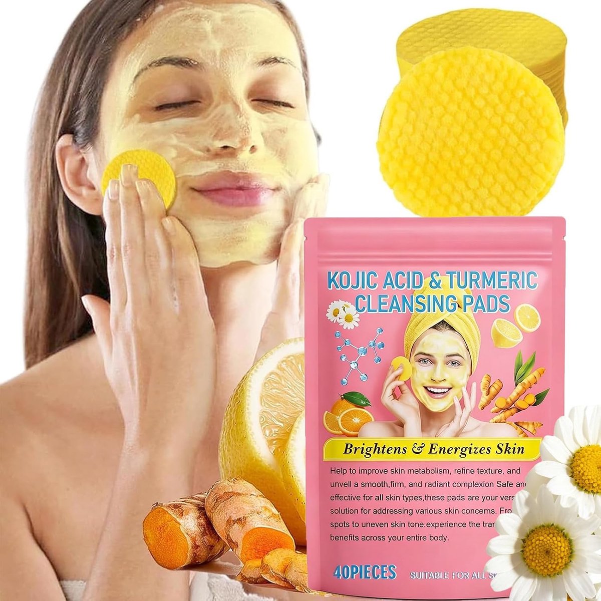 Pads met Kurkuma en Kojic Acid – Exfoliërende Pads voor Gezicht en Lichaam, Grondige Reiniging, Hydrateert en Verfijnt Poriën