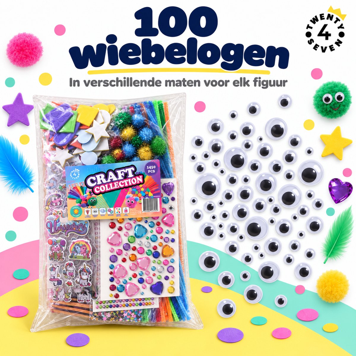 Twenty4seven® Knutselset 1450 Delig - Knutselpakket met Pompons, Pailletten en Stickervellen - Knutselen voor Meisjes en Jongens vanaf 5 Jaar - Speelgoed en Cadeau — afbeelding 3