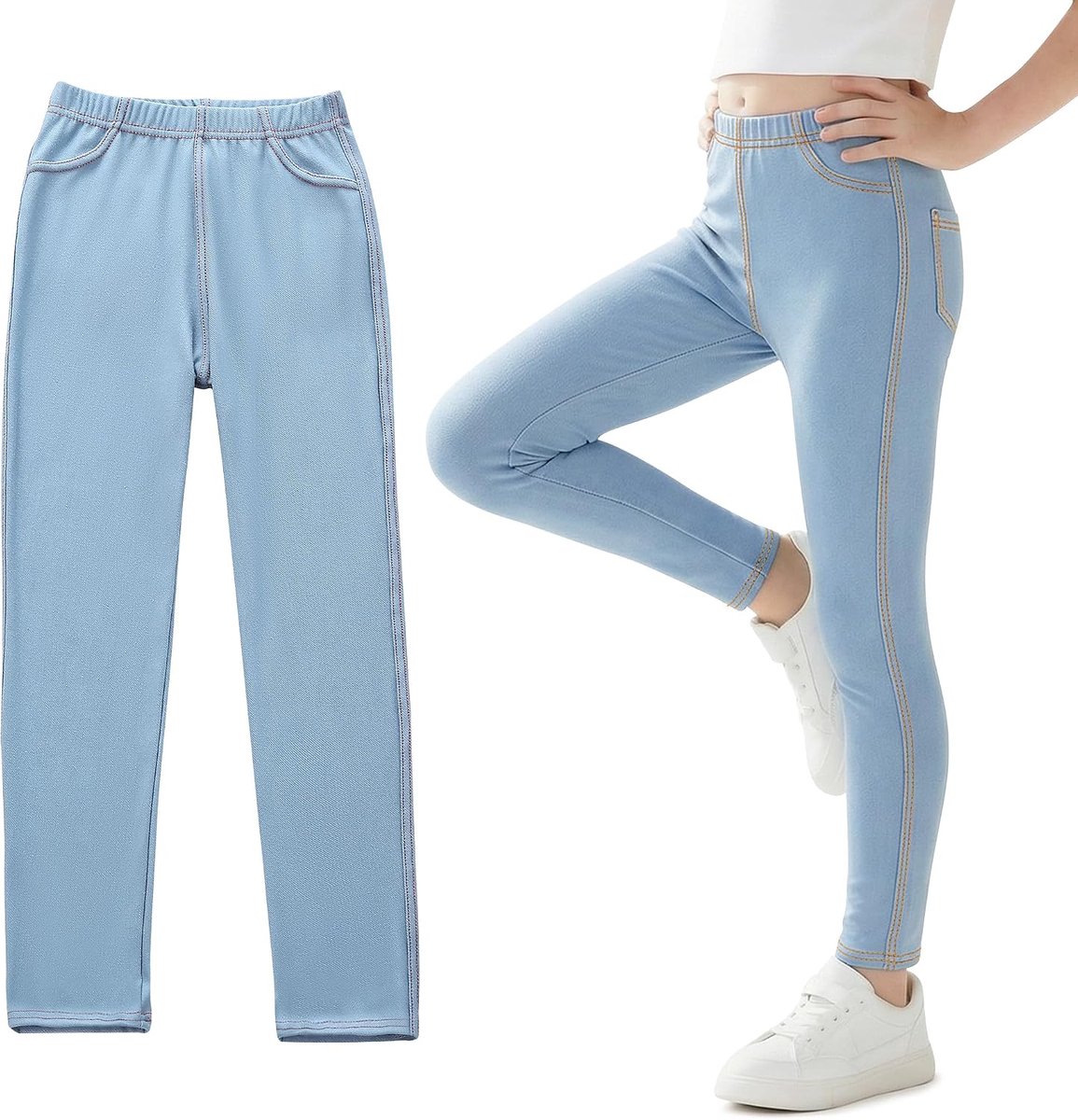 Leggings voor Meisjes, Jeans-look Sport Jeggings Hoge Taille Lange Broek Slim Fit Elastisch Sportbroek met Zakken School Dagelijks Outdoor voor Meisjes 6-13 Jaar