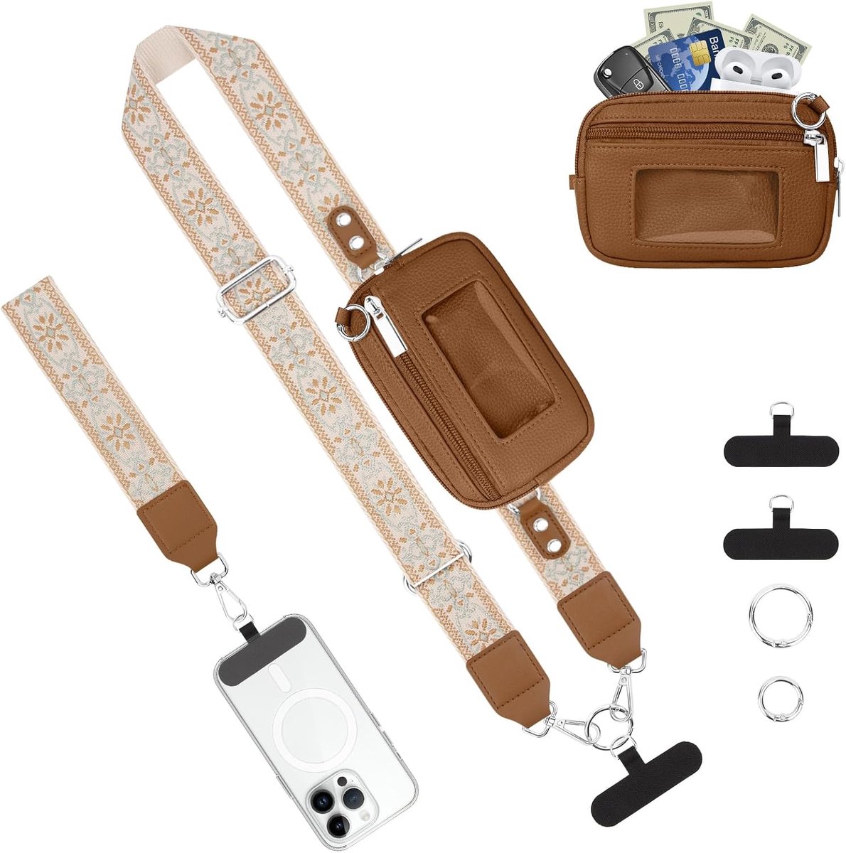 omhangkoord voor mobiele telefoon, verstelbaar, omhangkoord voor mobiele telefoon, met 2 patches en kaartenvak, band voor mobiele telefoons, voor fietsen, reizen, breedte 2,5 cm