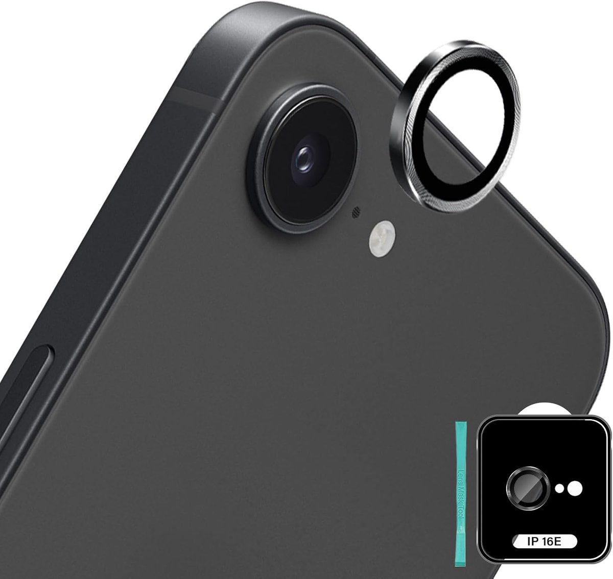 Camerabescherming voor iPhone 16E 5G voor pantserglas, HD-helderheid, 9H-hardheid, anti-kras, aluminiumlegering, beschermfolie voor enkele camera, individuele metalen ring-lens, veiligheidsglas