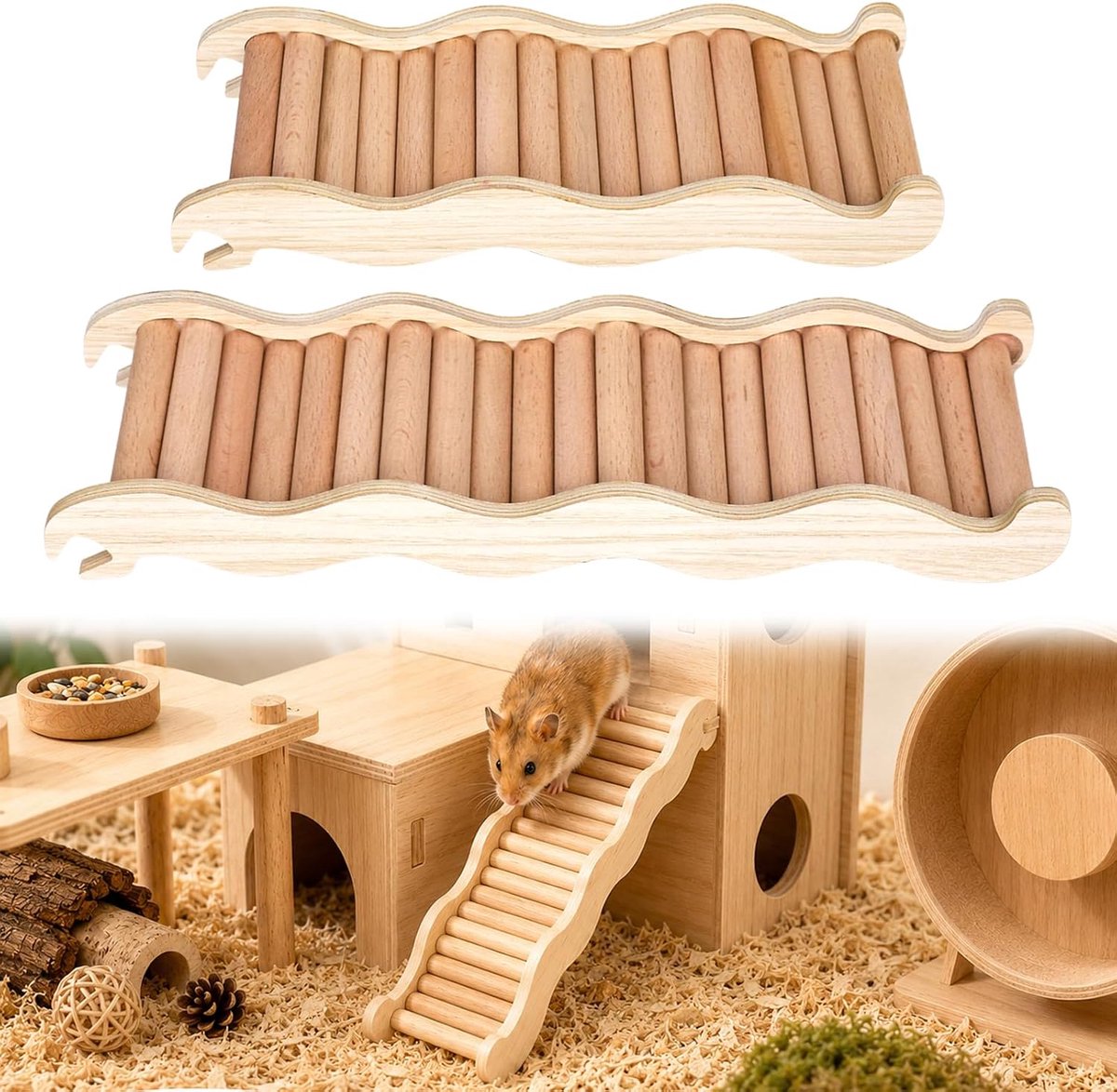 2 stuks hamsterladder, 21 cm en 26 cm golfladder, houten ladder