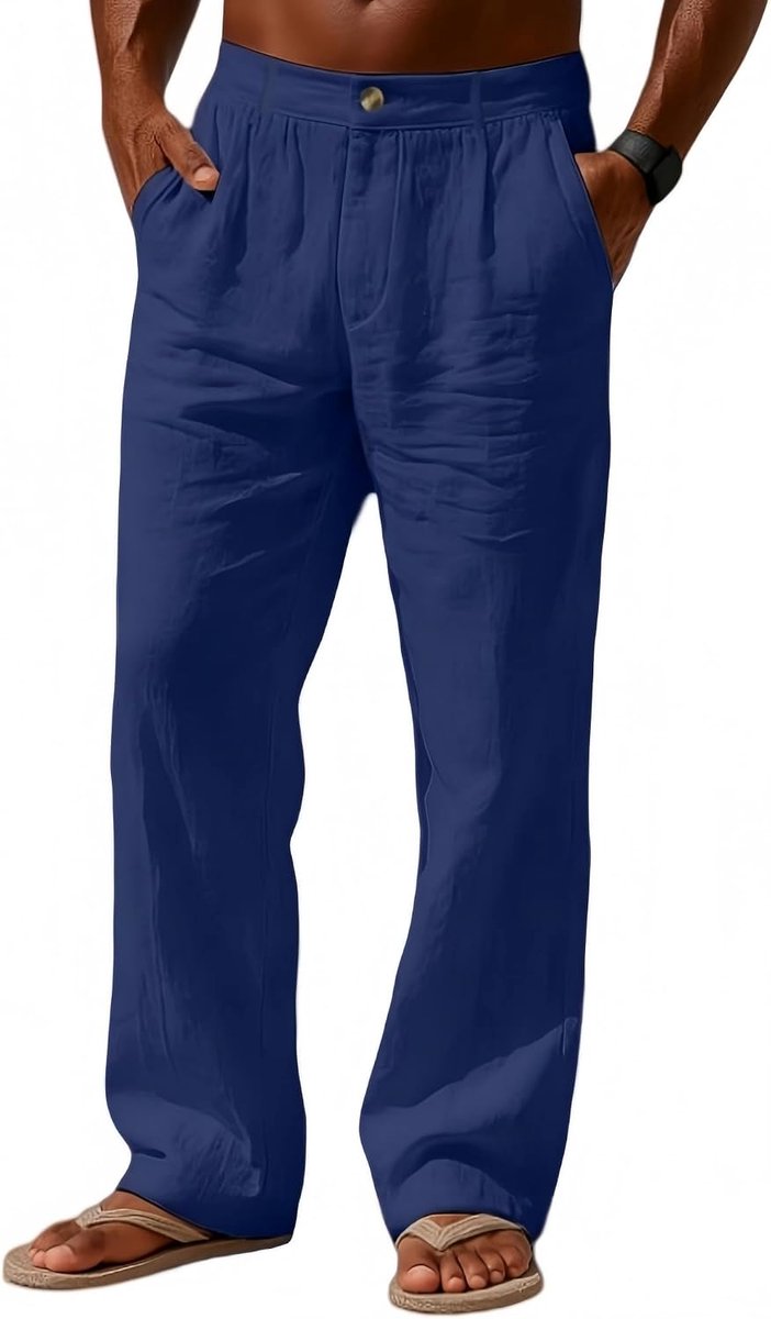 Broek voor heren, lichte zomerbroek voor het strand, losse pasvorm, elastische tailleband met ritssluiting