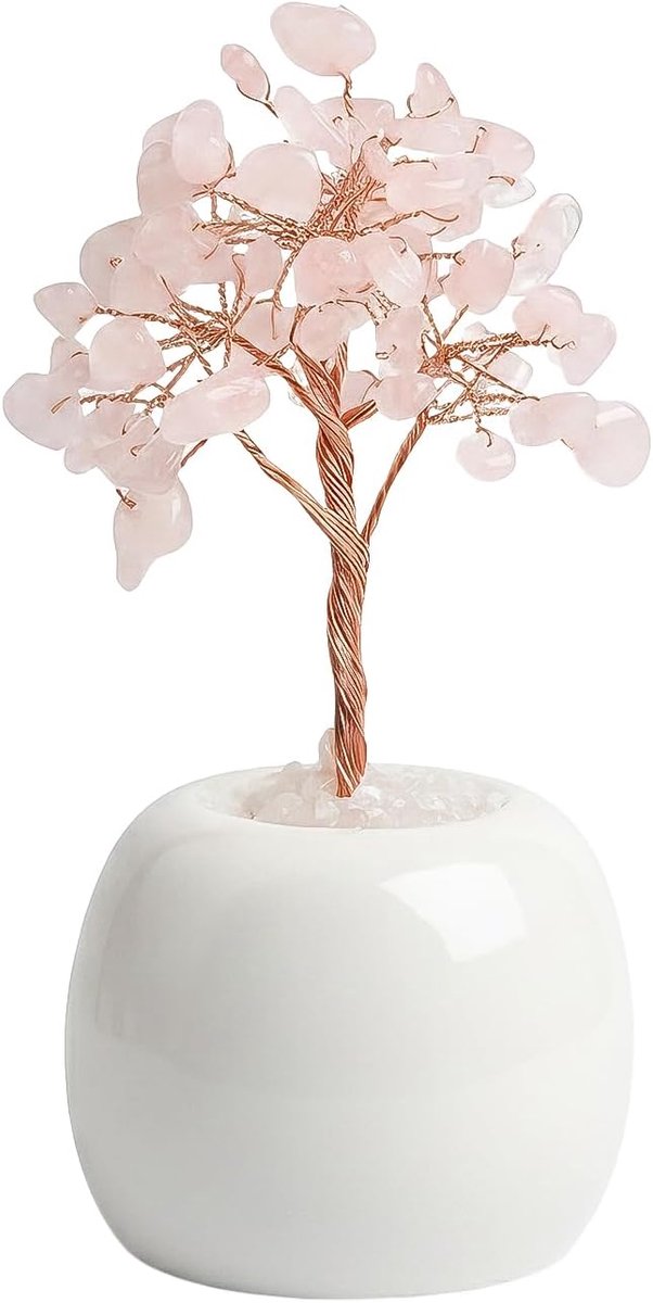Levensboom Ornament, Handgemaakte Roze Kristallen Gelukskristal voor Huis- en Kantoordecoratie (Witte Keramische Basis)