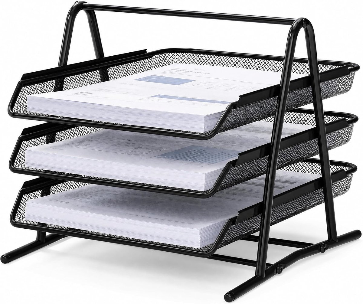 1 documentenhouder van metaal, zwart, 3 vakken, mesh brievenbak voor A4-documenten, bureau-organizer en papierlade voor kantoor, thuiskantoor en school