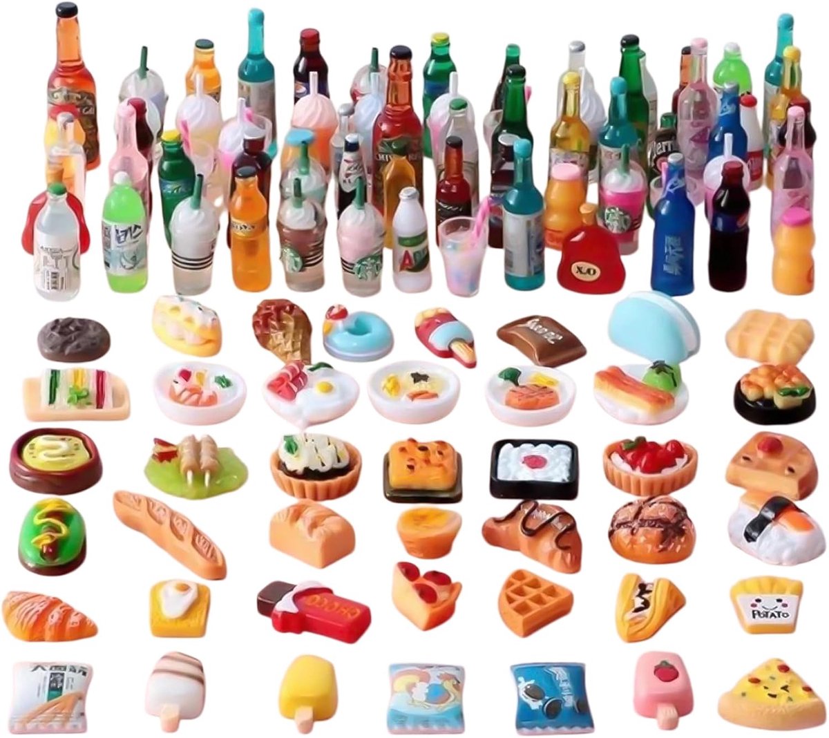 150 stuks poppenhuis accessoires, miniatuur speelgoed levensmiddelen, willekeurige stijl, miniatuur eten en dranken, mini-keuken, miniatuur speelgoed, levensmiddelen speelgoed