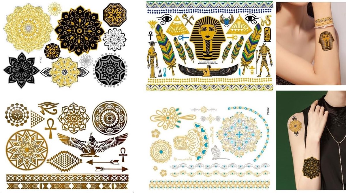 Tijdelijke gouden tatoeages, Egyptische zelfklevende tatoeages, armbanden, tatoeages, veer, Egypt 4