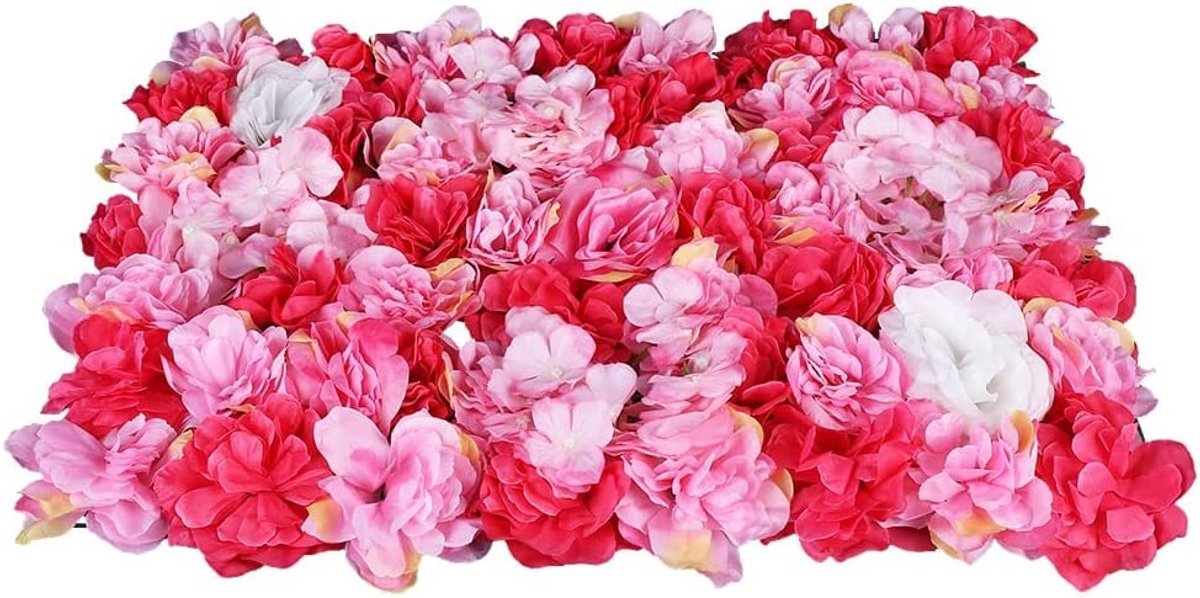 Kunstbloemenwand, rozenwand, 40 x 60 cm, bruiloft, straat, achtergrond, bloemenwand, bruiloft, kunstbloemen, paneel, decoratie voor bruiloft, tuin, woondecoratie (12 stuks, roze-rood)