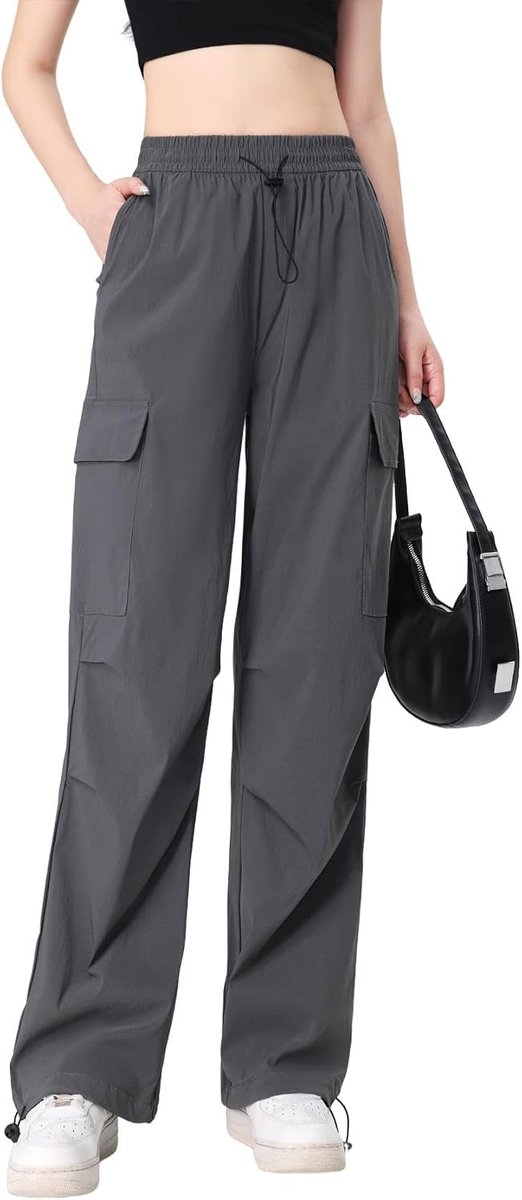Cargobroek voor dames, brede pijpen, wandelbroek, sneldrogend, werkbroek met meerdere zakken, trekkoord, vrijetijdsbroek