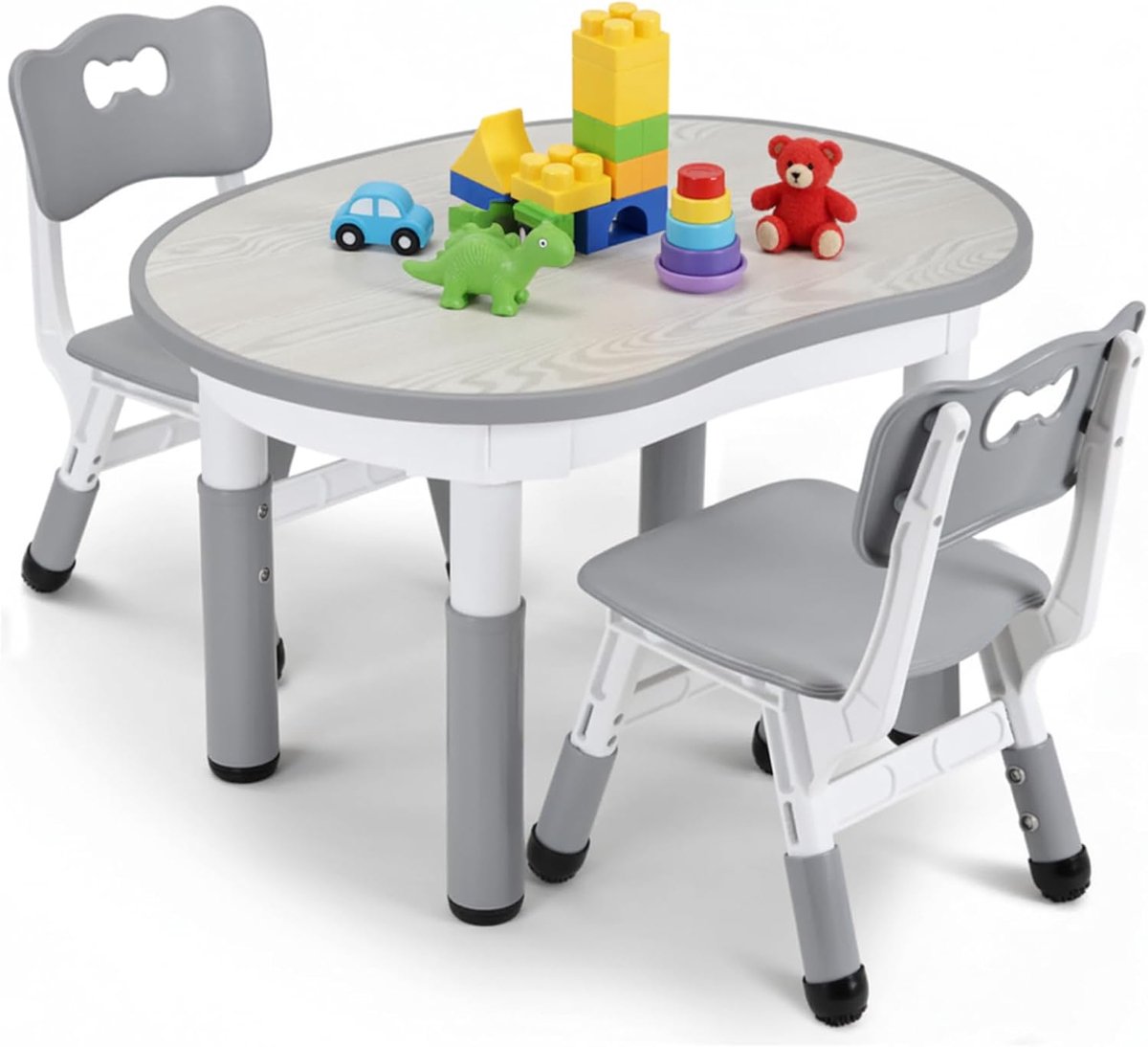 Kindertafel met 2 stoelen, in hoogte verstelbaar, kunststof kindertafelstoelset, pindavorm, schildertafel, kinderbureau, zitgroep voor thuis, kinderdagverblijf, kleuterschool, grijs