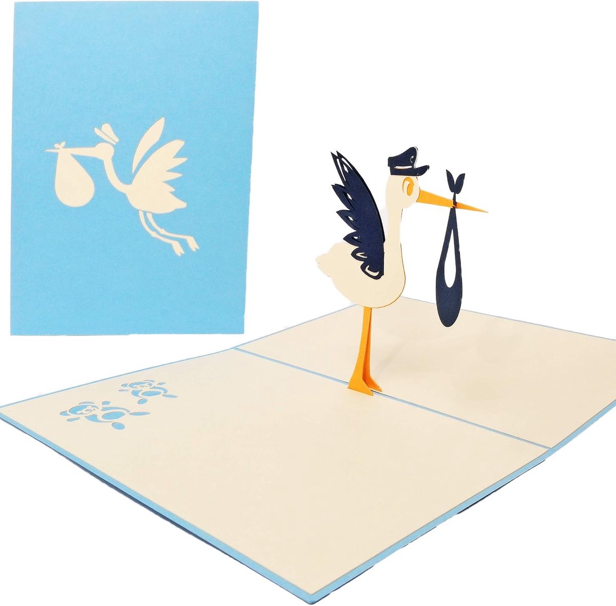 Wenskaart voor de geboorte – klapperstorch. Op de kleinste ruimte een filigraan kunstwerk. TN025
