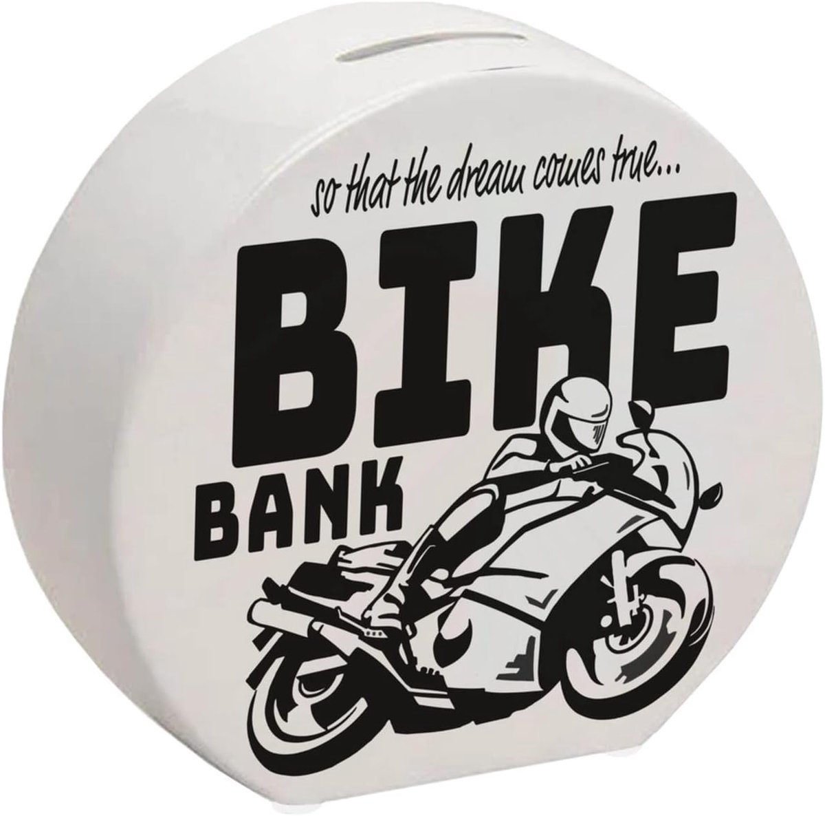 Bank spaarpot in de kleur zwart,met als thema motorrijden en de aanschaf van een motor; een prachtig cadeau voor zuinige mensen die een motordroom hebben of hun eigen droom willen verwezenlijken.