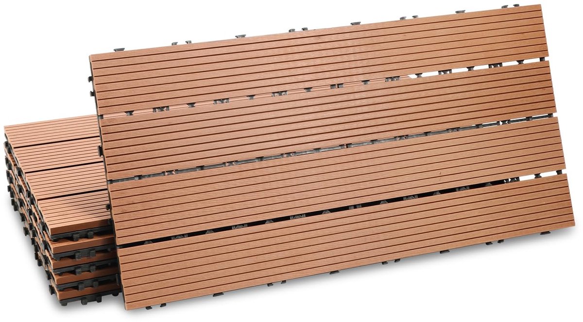Set van 12 WPC-terrastegels, 30 x 60 cm, balkontegels, kliktegels, WPC-tegels voor 2 m², vloerbedekking met drainage, terrasplanken, waterdicht, corrosiebestendig, voor balkon en terras, bruin