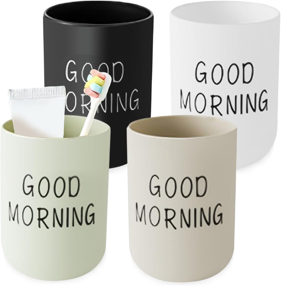 Set van 4 plastic tandenborstelbekers, meerkleurig, herbruikbaar, voor badkamer, draagbare bekers voor koppels, volwassenen (wit, zwart, groen, kaki)