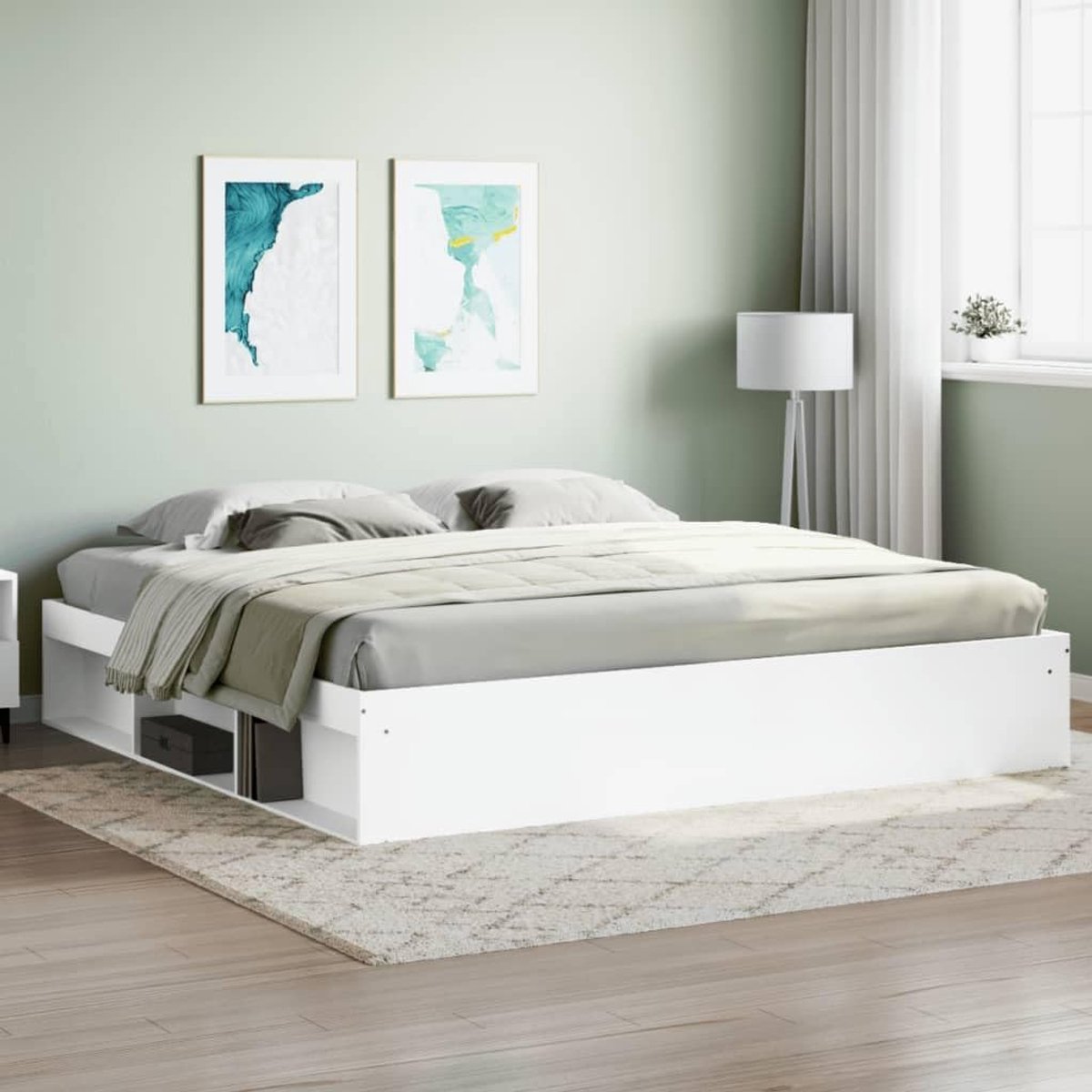 Bedframe, bedframe, tweepersoonsbed, modern, van multiplex, wit, met hoofdeinde, met boekenhouder, 200 x 200 cm, bed met lattenbodem, modern tweepersoonsbed, 200 x 200 cm