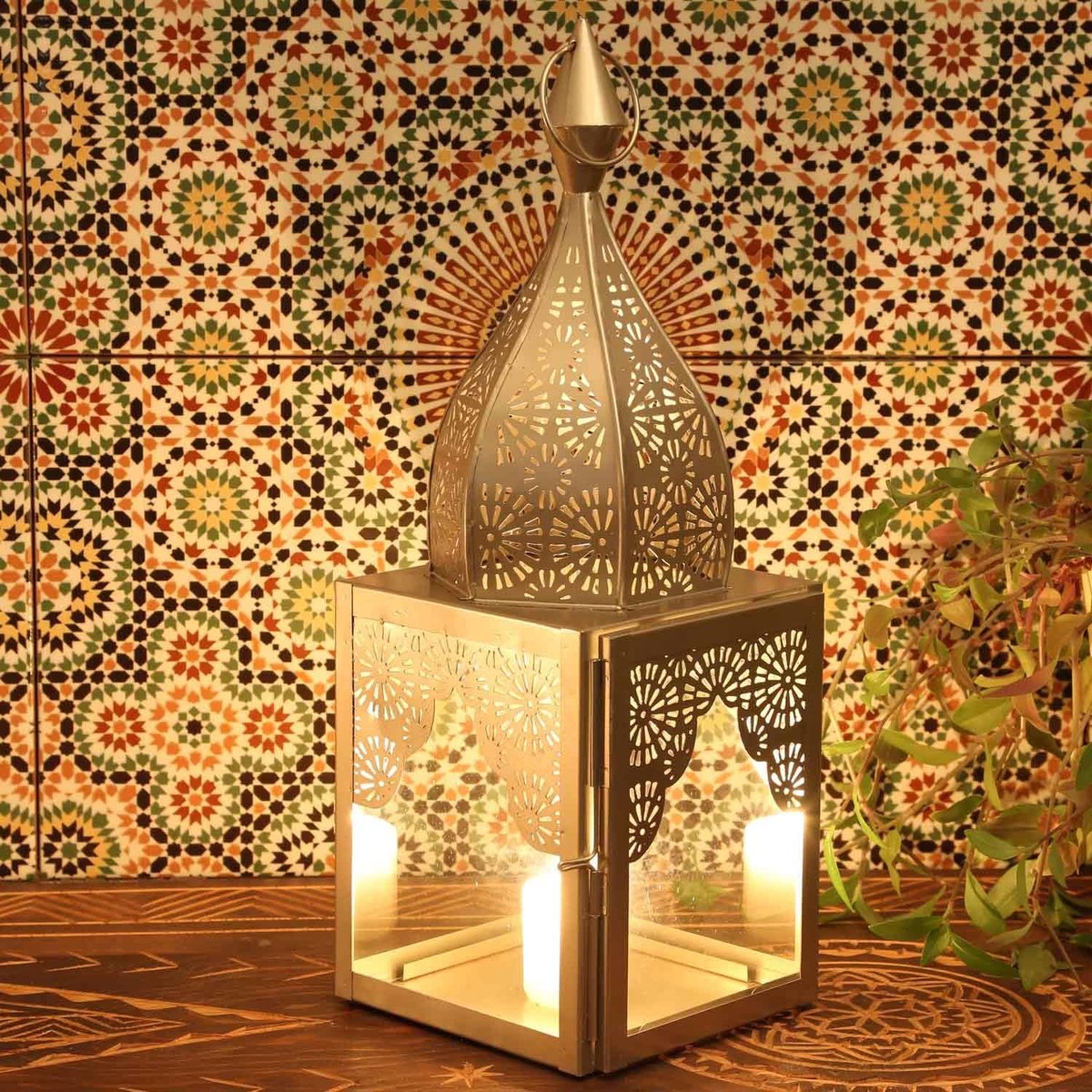 Moro Oosters windlicht Modena zilver M van glas & metaal hoogte 45 cm in minaret vorm | Marokkaanse glazen lantaarn kandelaar als uit 1001 nacht | mooie kerstverlichting | IRL670