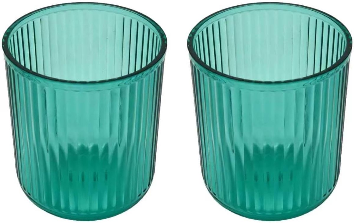 Set van 2 badkamerbekers, tandenborstelbekers, kunststof, tandenborstelbeker 8 x 9 cm, onbreekbaar, tandenborstelbekerset (transparant-groen)