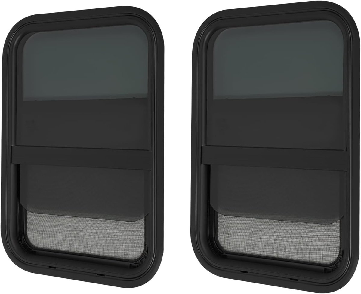 2 stuks, 38,1 x 55,88 cm, verticale schuiframen voor caravans, RV-ramen met getint gehard glas, waterdicht, eenvoudig te monteren, met vliegengaas (38,1 x 55,88 cm)