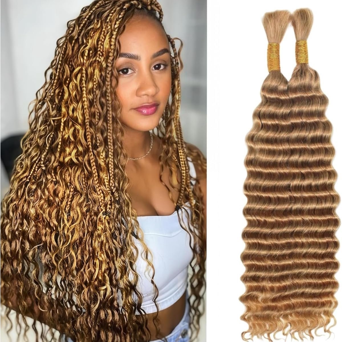 Wave Bulk Human Hair Braiding for Boho Braids Weaving Natural Human Hair Extension Unprocessed No Weft Bresilien Curly Bundle Virgin Hair Color 27# 2 Braids Per Pack (100g) 16 Inch